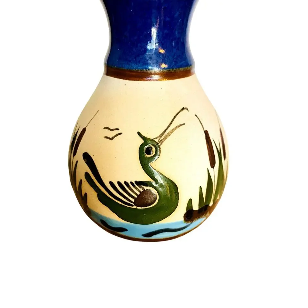Vintage Tonala Mexico Hand Painted Pottery Vase Blue Neck Bird & Cattails